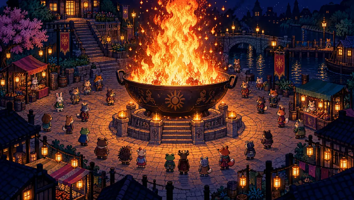A giant wok with a pillar of fire